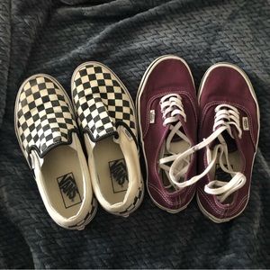 2 pairs of Vans. Women’s 6. Checkerboard black white slip on & grape authentic